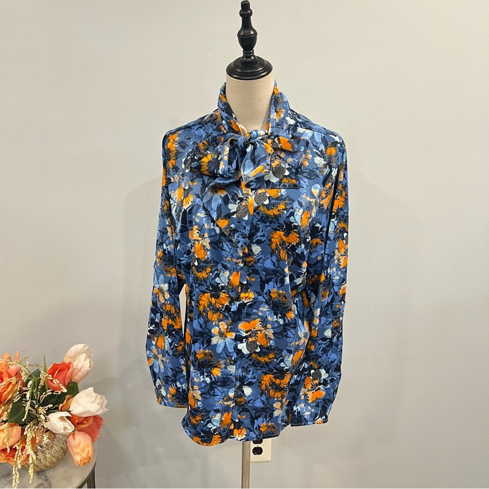 D&Co Adaptive Blue Orange Multi Floral Soft Silk Feel Button Down Neck Tie Shirt